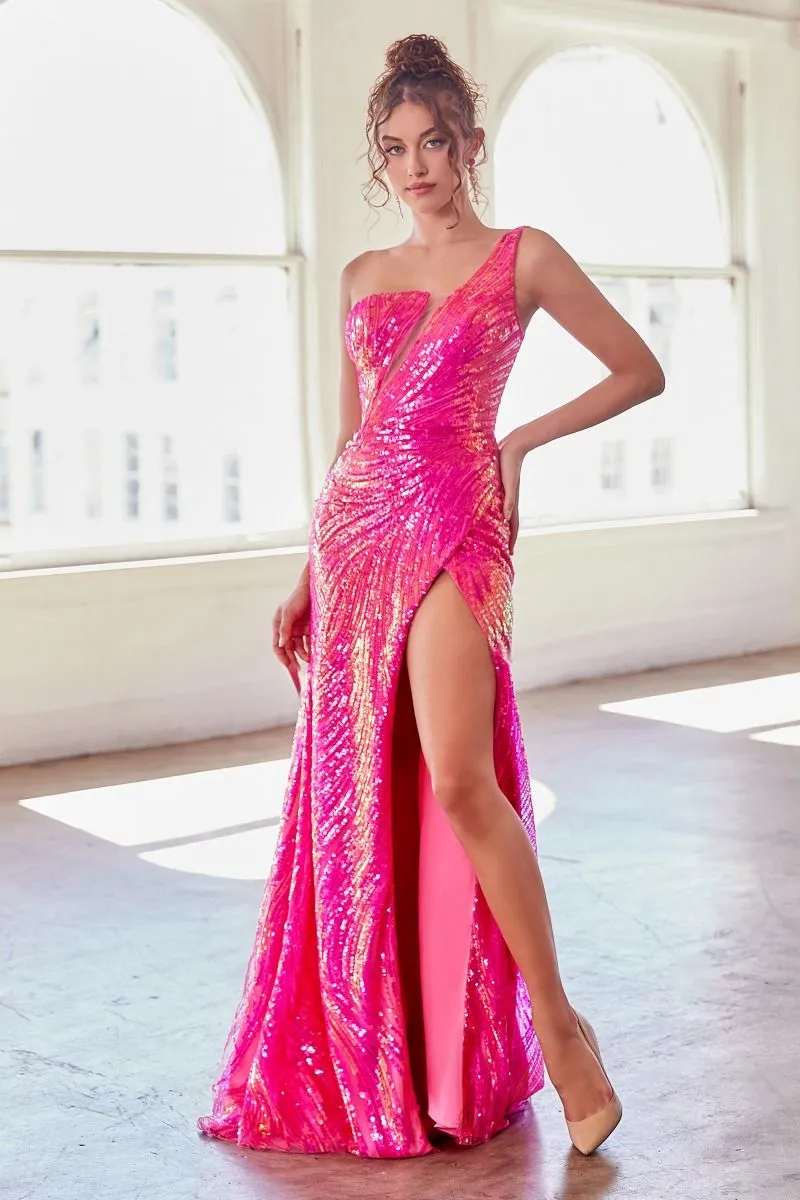 Ladivine CK937 Size 2 Orange One shoulder Fitted Sequin Formal Prom Dress Maxi Slit Sheer V Neck