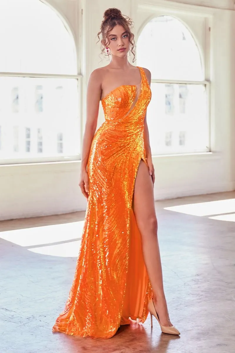 Ladivine CK937 Size 2 Orange One shoulder Fitted Sequin Formal Prom Dress Maxi Slit Sheer V Neck