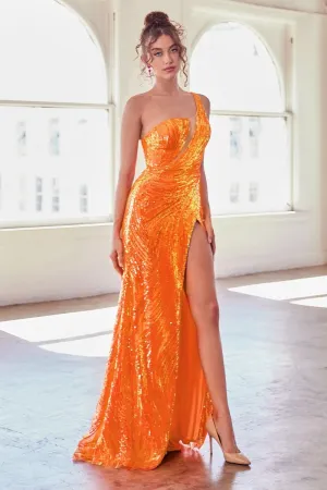 Ladivine CK937 Size 2 Orange One shoulder Fitted Sequin Formal Prom Dress Maxi Slit Sheer V Neck