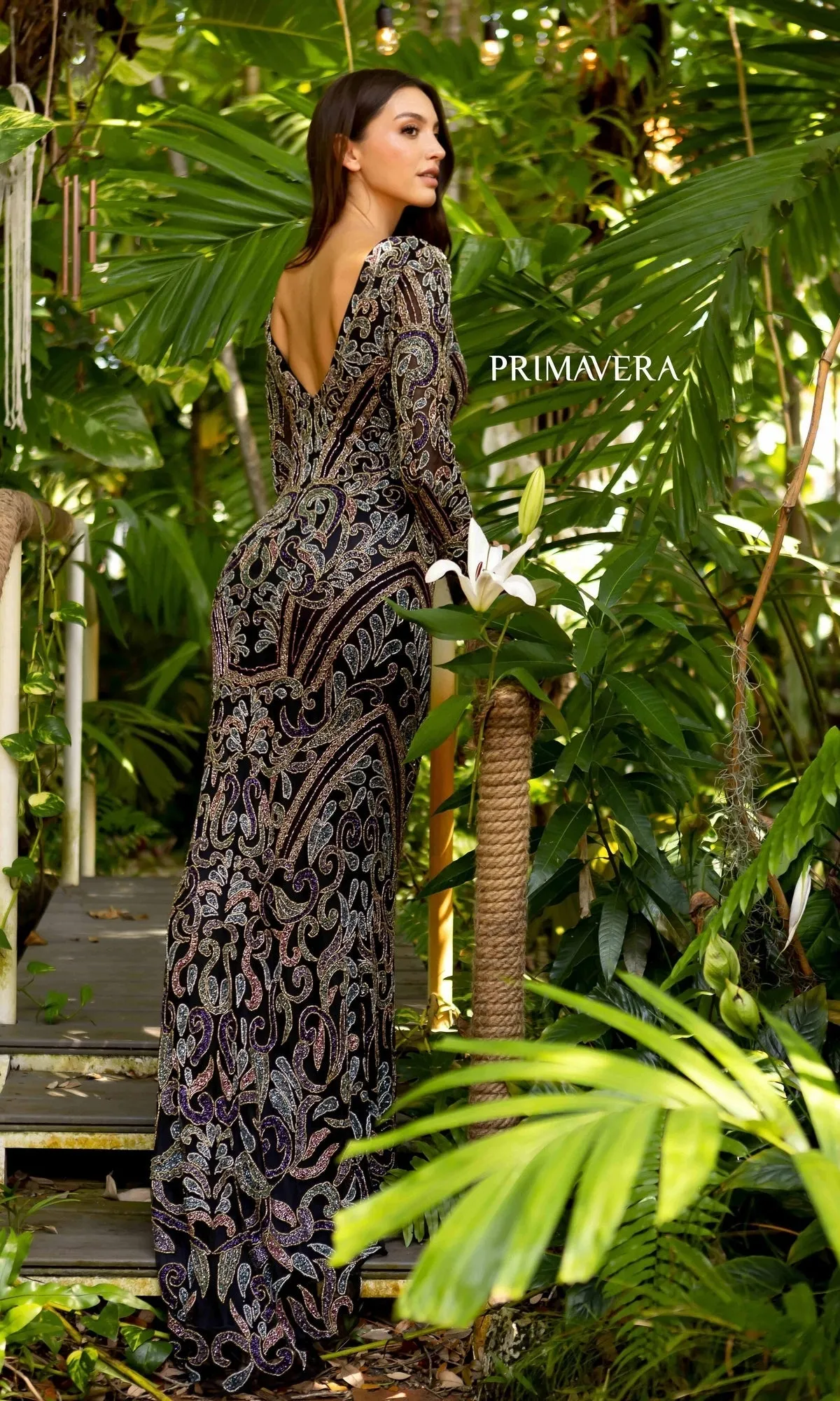 Long Sleeve Long Sequin Black Formal Dress 12033