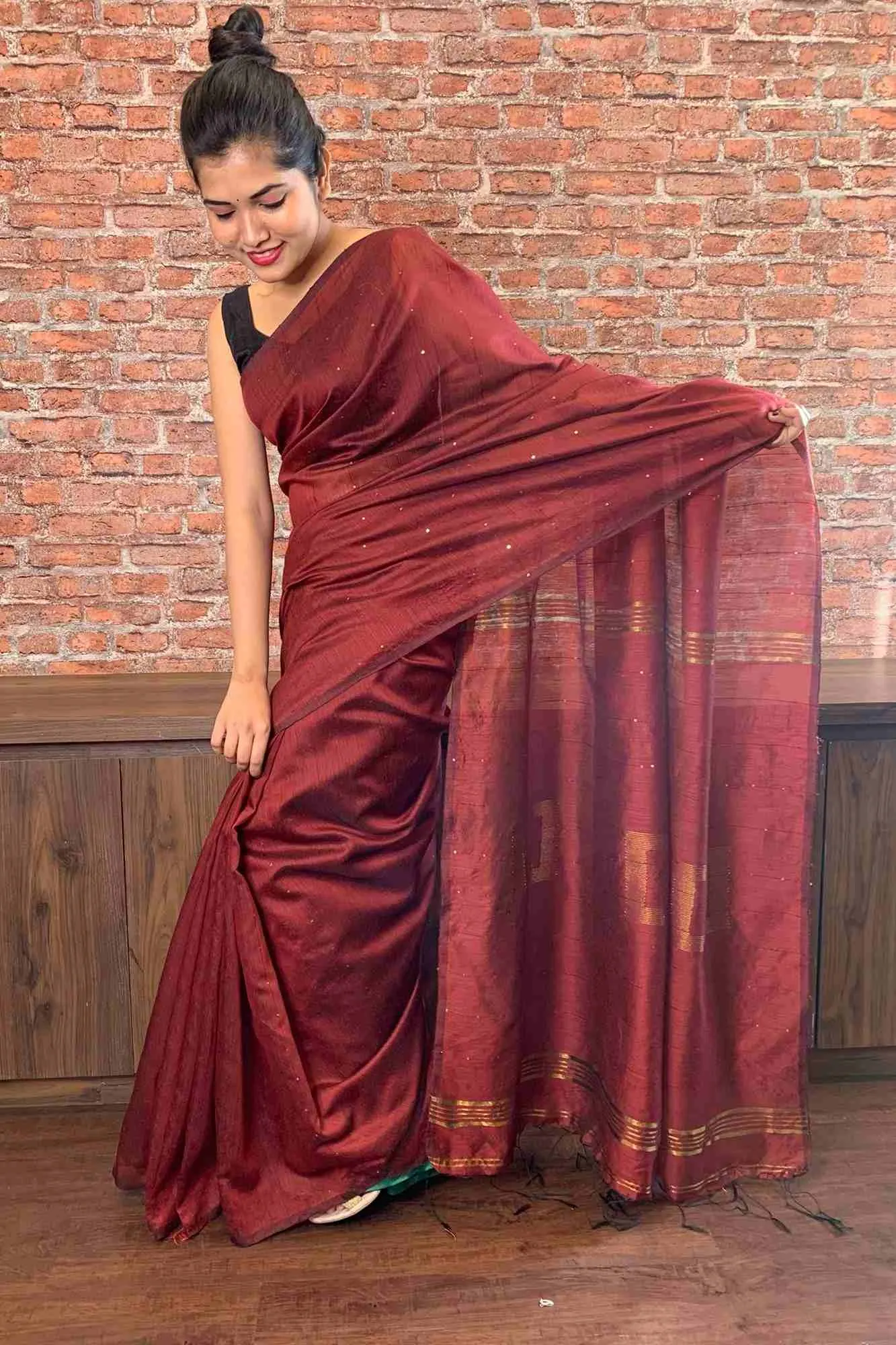 Maroon Rust Bengal Handloom cotton silk with sequins woven  wrap in 1 minute saree