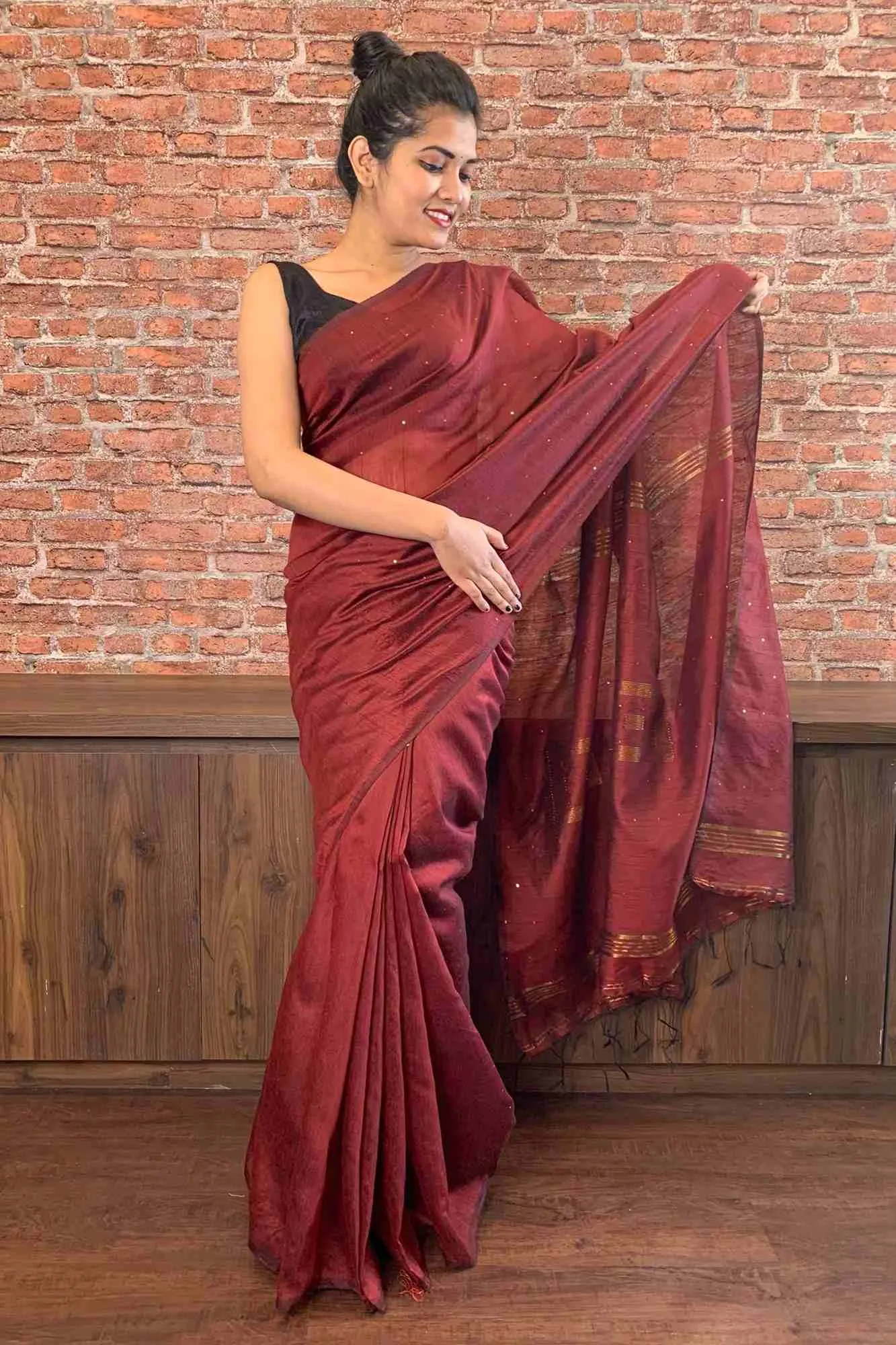 Maroon Rust Bengal Handloom cotton silk with sequins woven  wrap in 1 minute saree