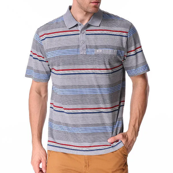 Mens Cotton Stripe Printed Turn-down Collar Short Sleeve Casual Business Polo Shirt