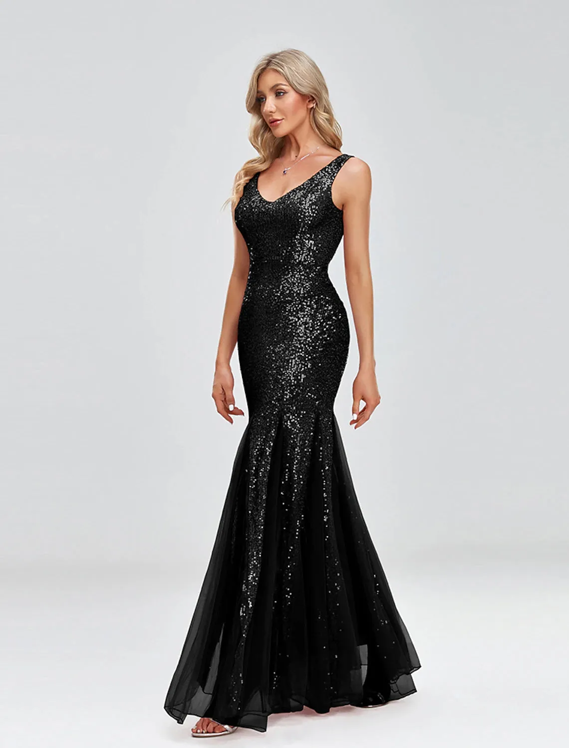 Mermaid / Trumpet Evening Gown Sparkle Dress Wedding Guest Formal Evening Floor Length Sleeveless V Neck Tulle V Back with Sequin Splicing