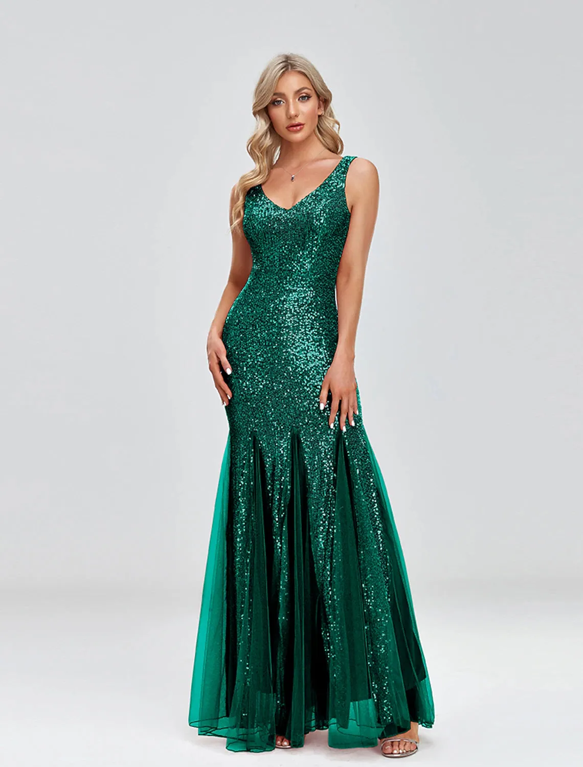 Mermaid / Trumpet Evening Gown Sparkle Dress Wedding Guest Formal Evening Floor Length Sleeveless V Neck Tulle V Back with Sequin Splicing