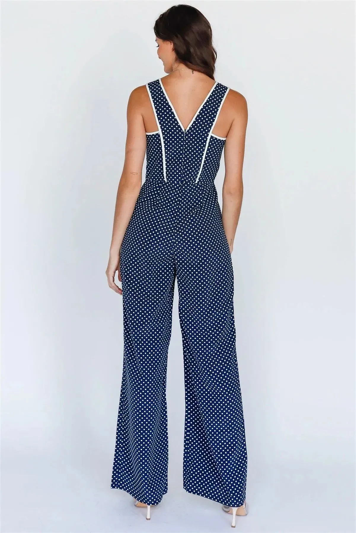 Navy & White Polka Dot V-Neck Wide Leg Romper