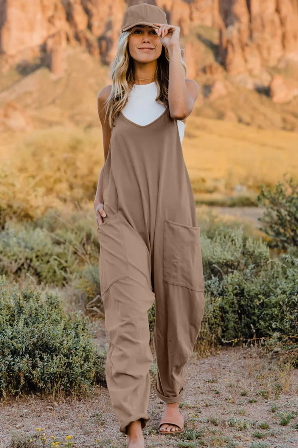 Oversized Hippie V-Neck Sleeveless Pant Pocket Jumpsuit