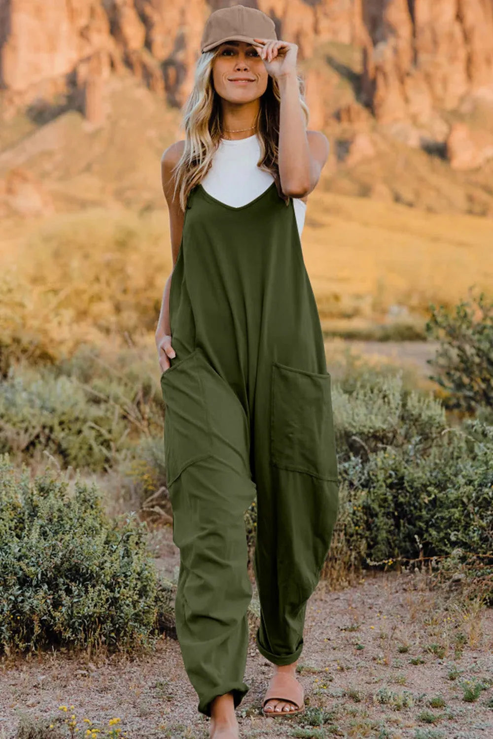 Oversized Hippie V-Neck Sleeveless Pant Pocket Jumpsuit