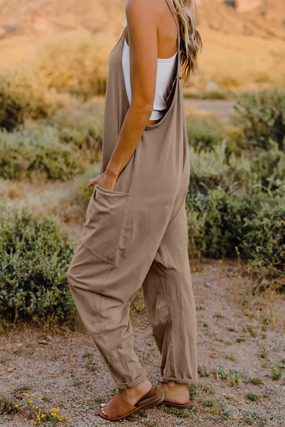 Oversized Hippie V-Neck Sleeveless Pant Pocket Jumpsuit