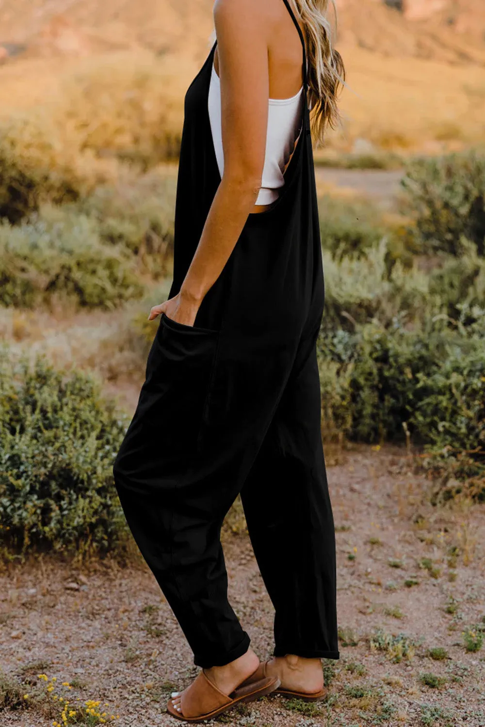 Oversized Hippie V-Neck Sleeveless Pant Pocket Jumpsuit