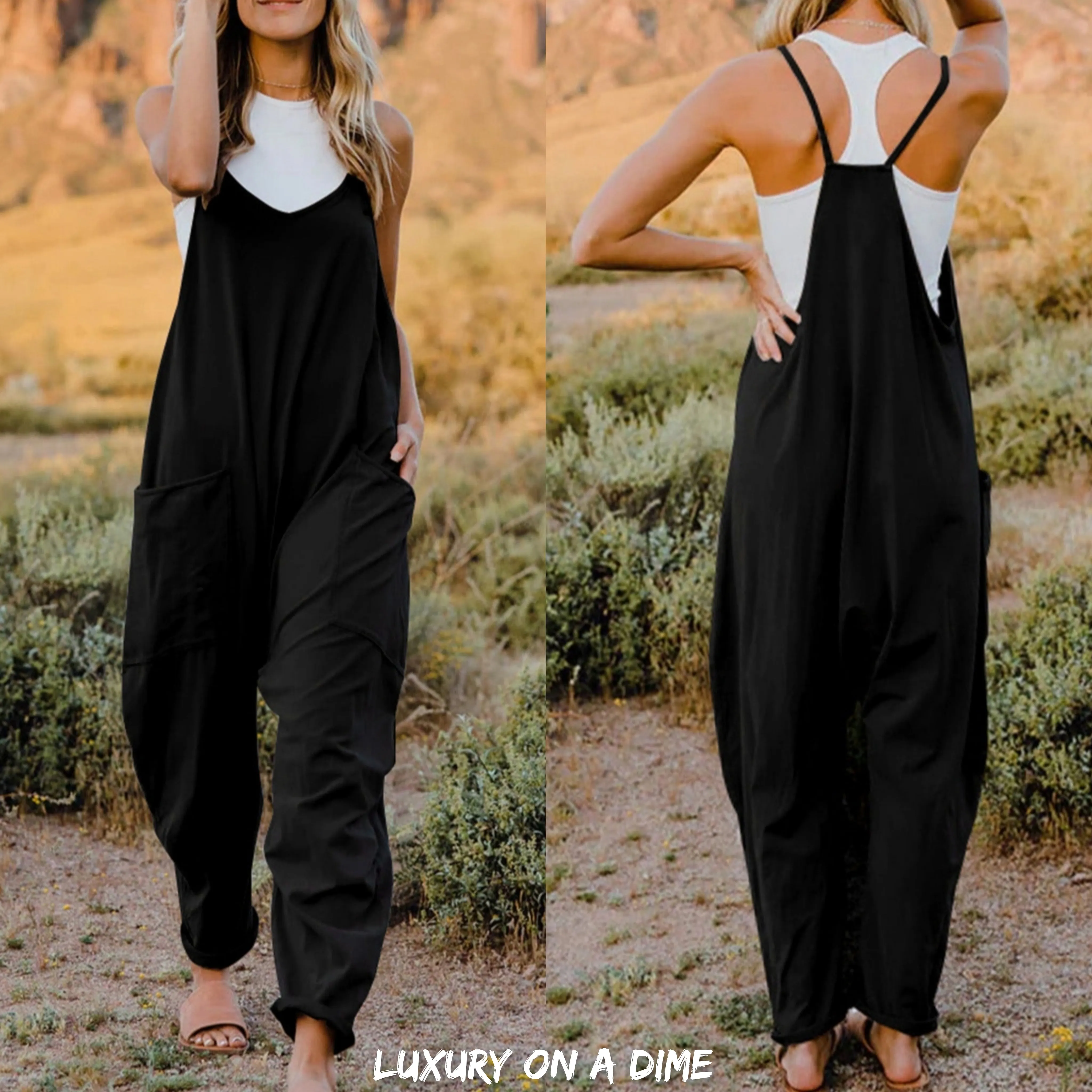 Oversized Hippie V-Neck Sleeveless Pant Pocket Jumpsuit