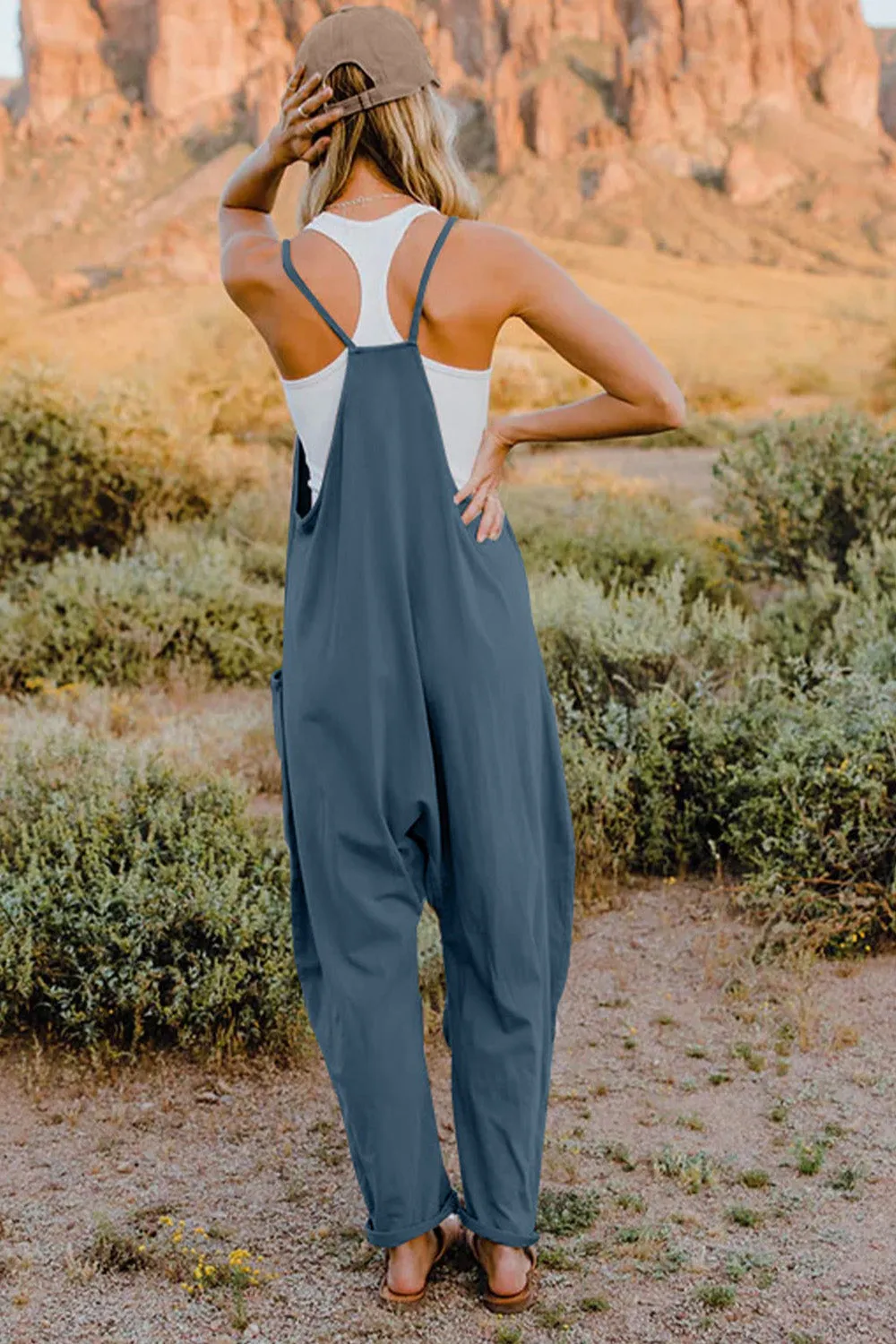 Oversized Hippie V-Neck Sleeveless Pant Pocket Jumpsuit