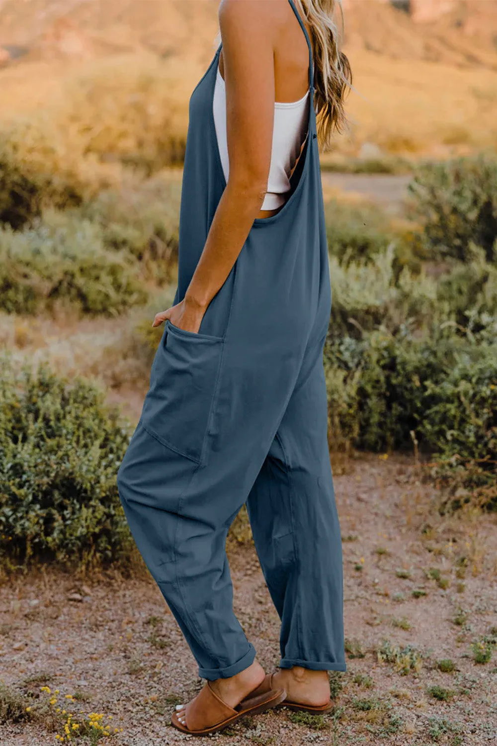 Oversized Hippie V-Neck Sleeveless Pant Pocket Jumpsuit
