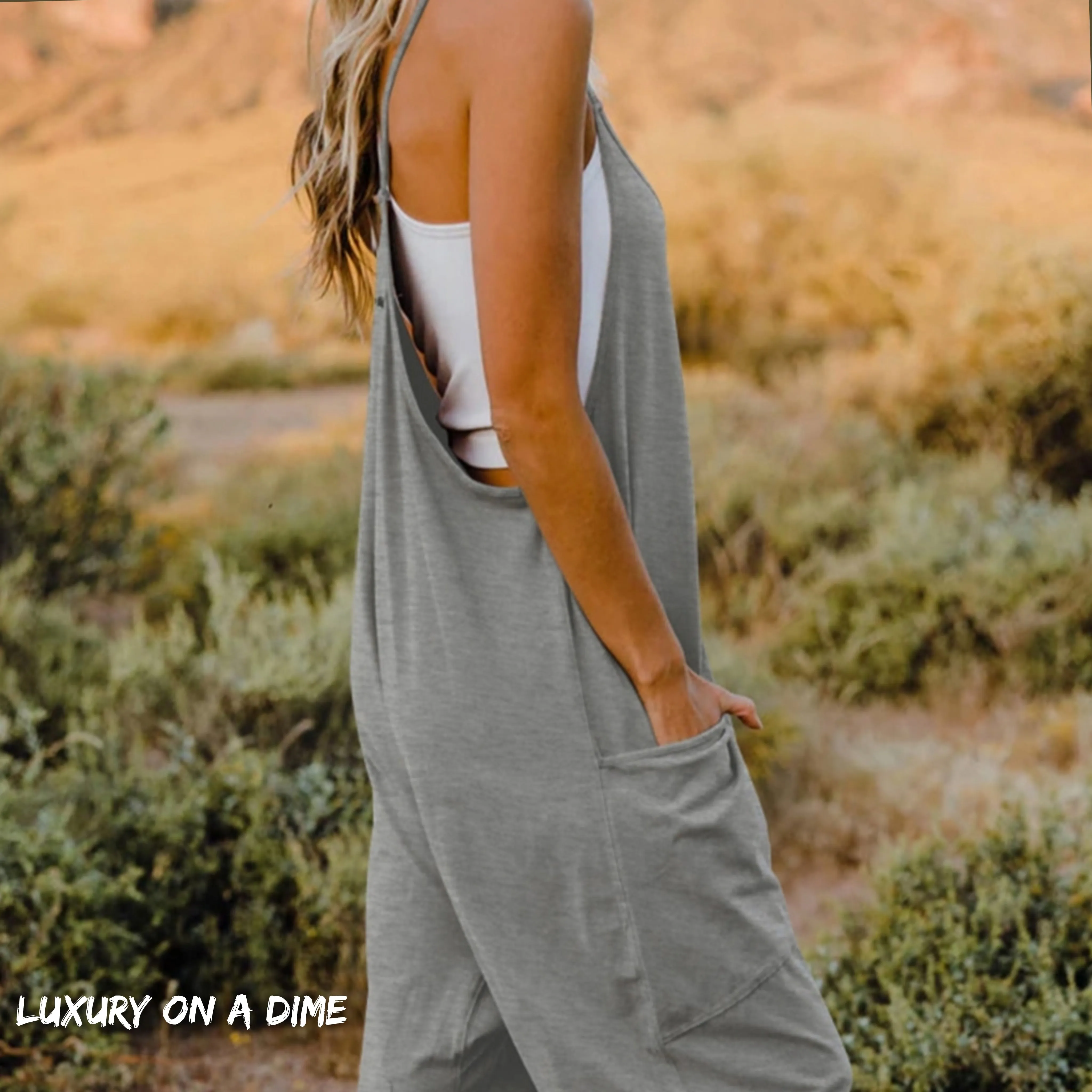 Oversized Hippie V-Neck Sleeveless Pant Pocket Jumpsuit