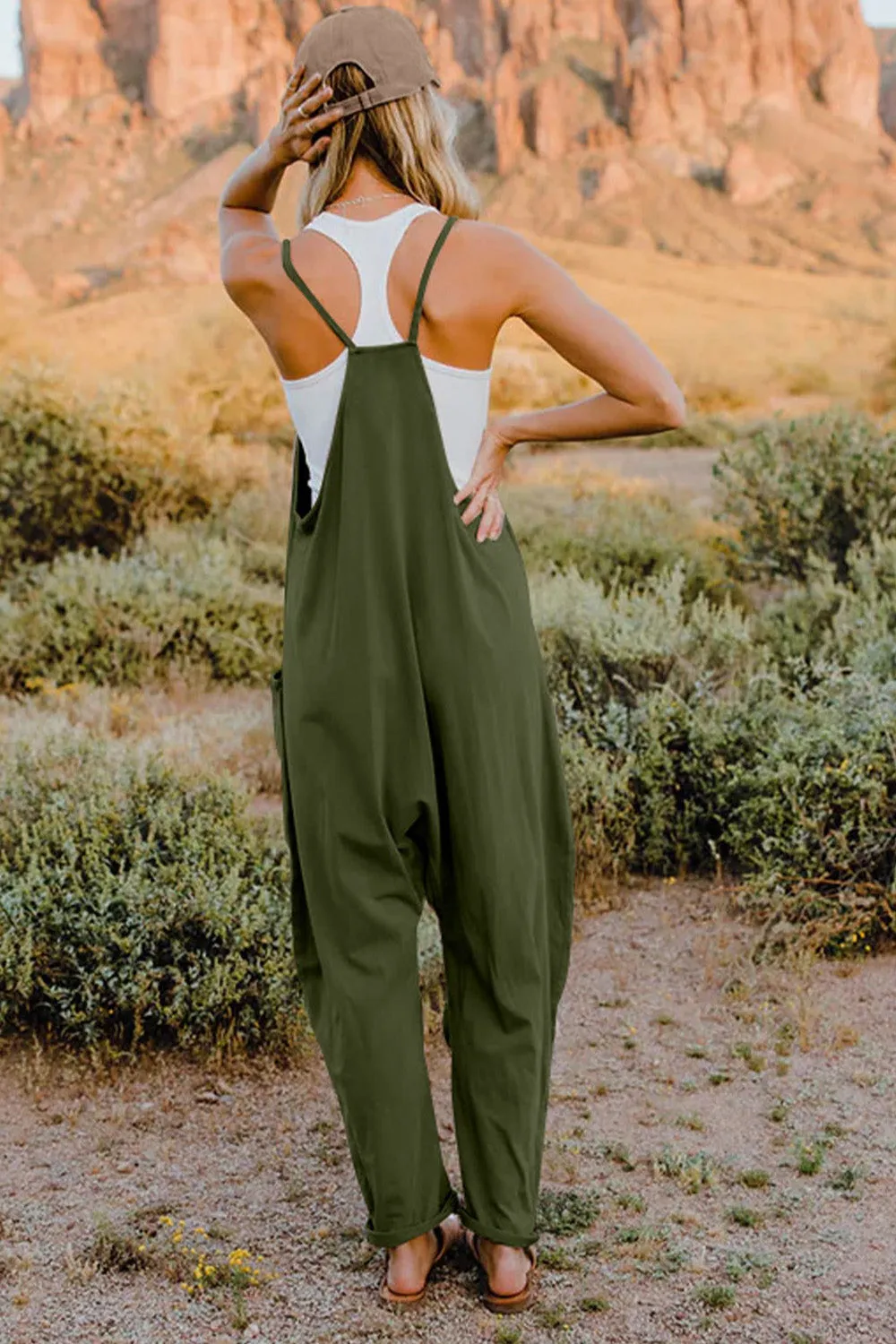 Oversized Hippie V-Neck Sleeveless Pant Pocket Jumpsuit