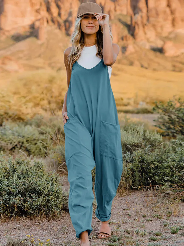 Oversized Hippie V-Neck Sleeveless Pant Pocket Jumpsuit
