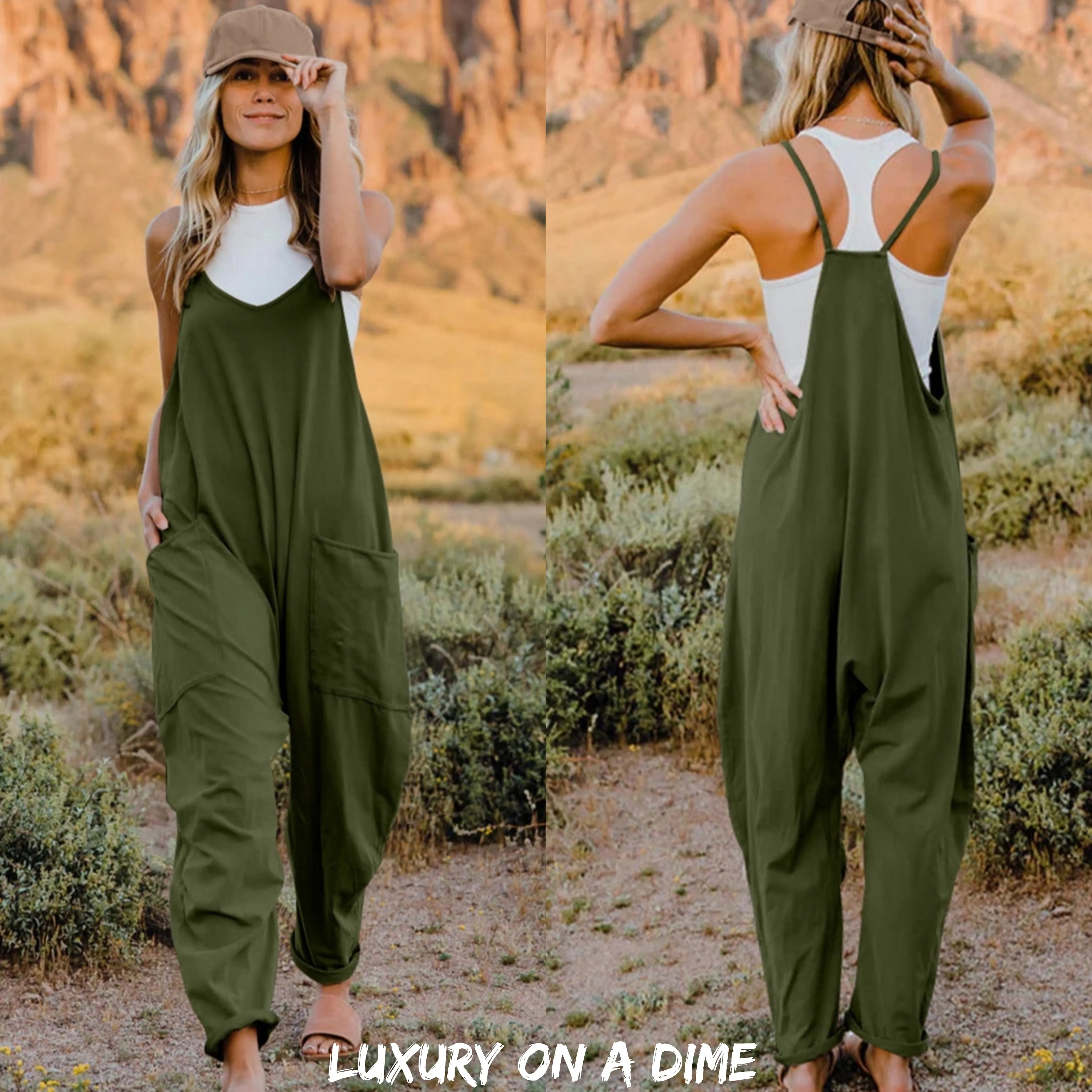 Oversized Hippie V-Neck Sleeveless Pant Pocket Jumpsuit