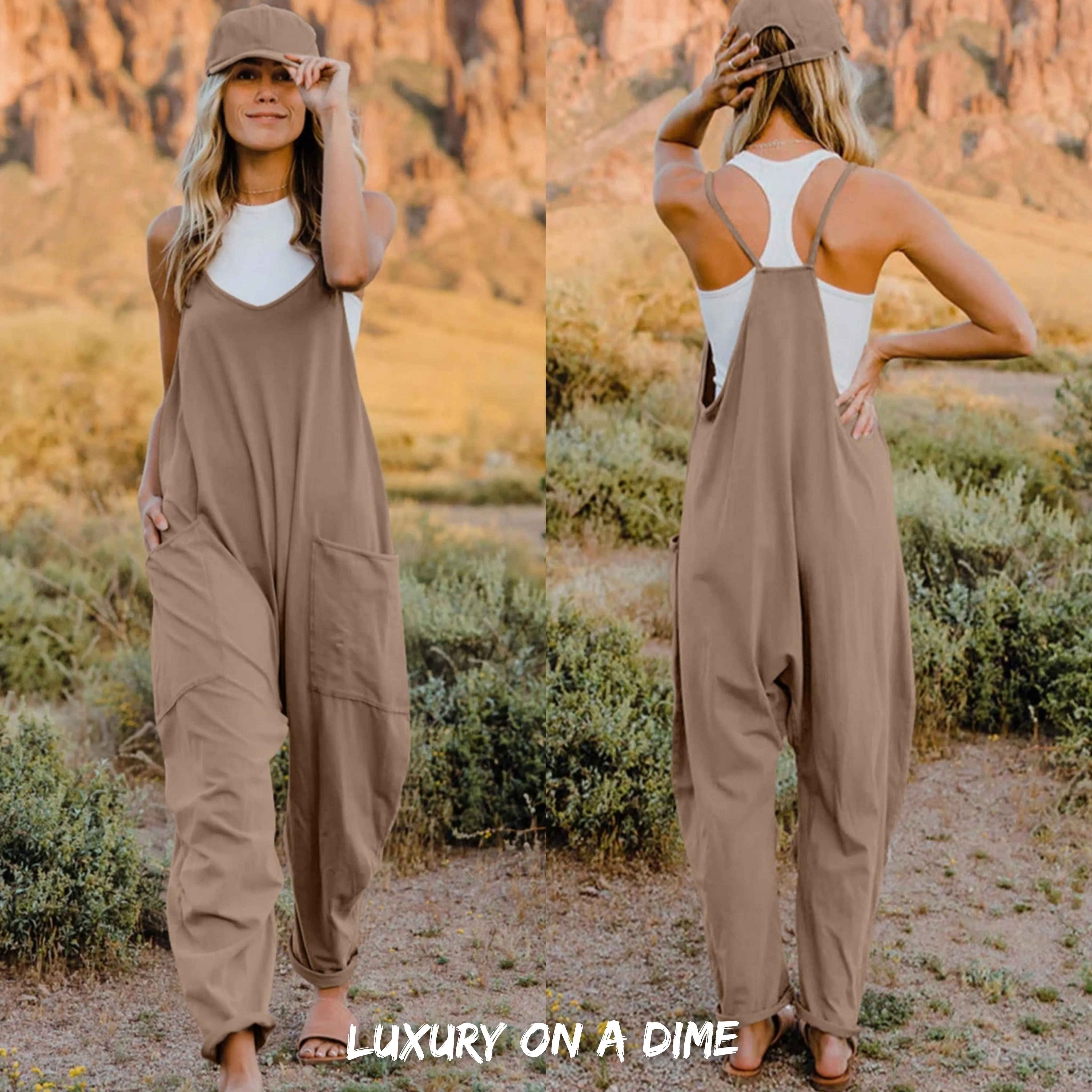 Oversized Hippie V-Neck Sleeveless Pant Pocket Jumpsuit