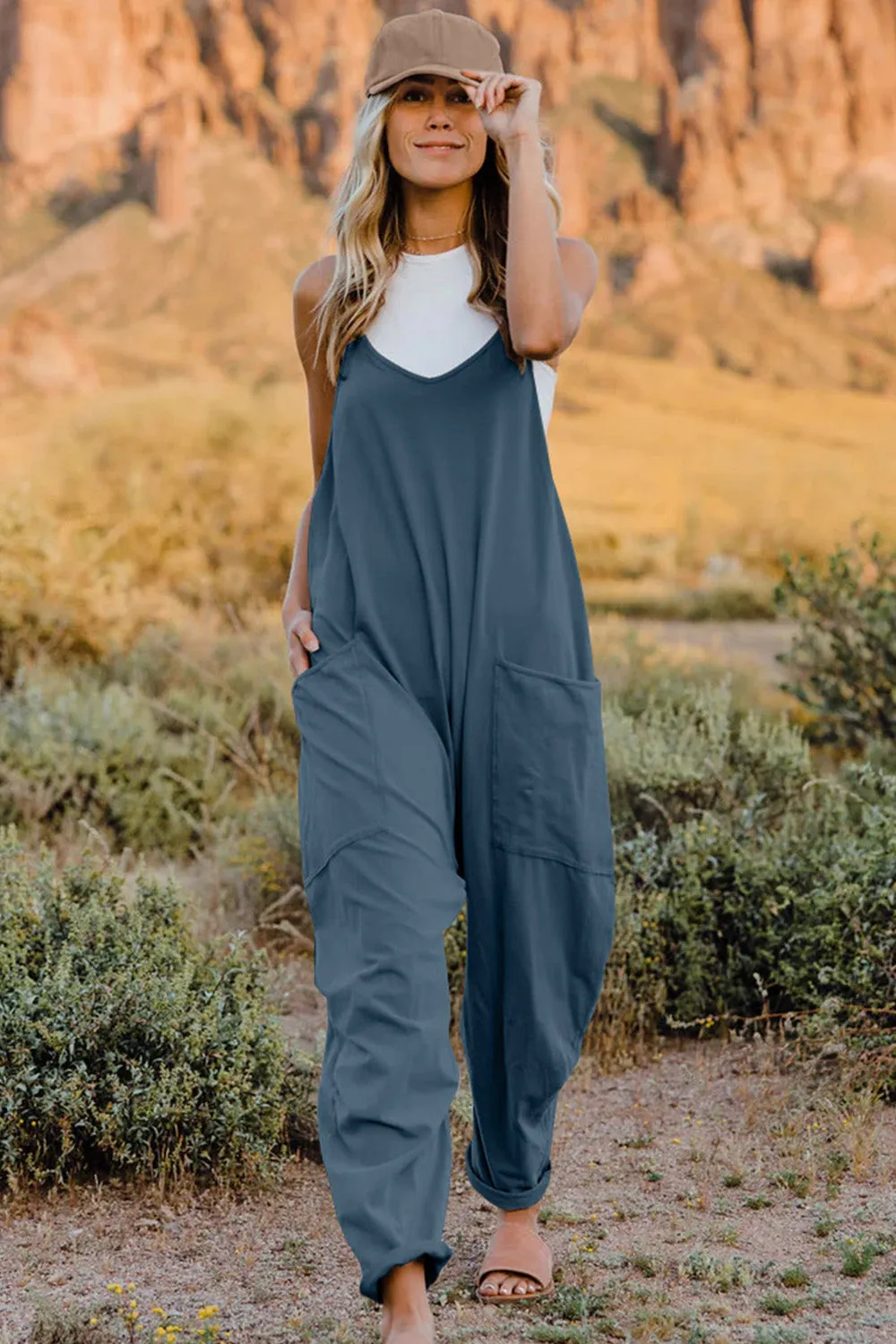 Oversized Hippie V-Neck Sleeveless Pant Pocket Jumpsuit