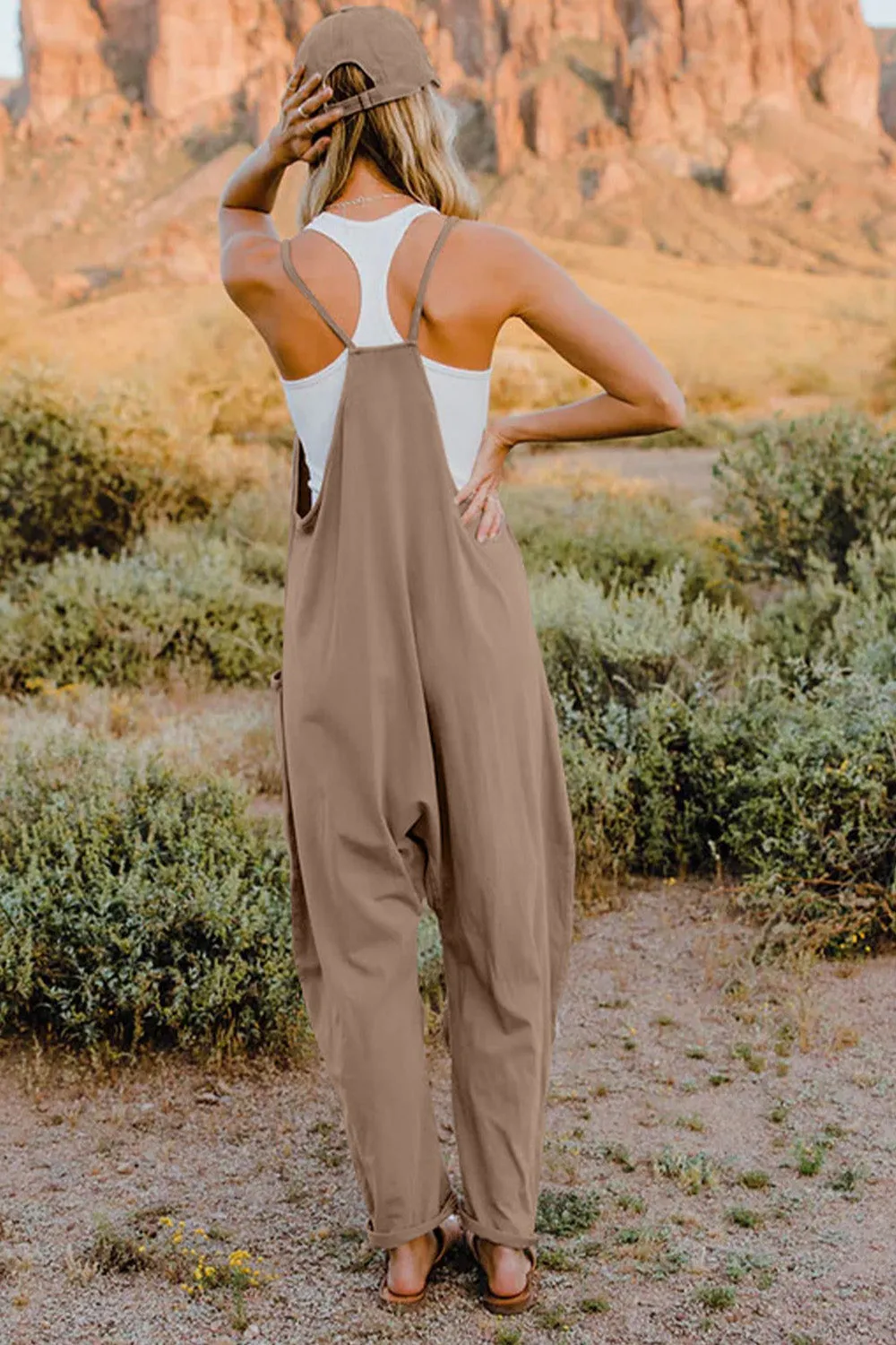 Oversized Hippie V-Neck Sleeveless Pant Pocket Jumpsuit
