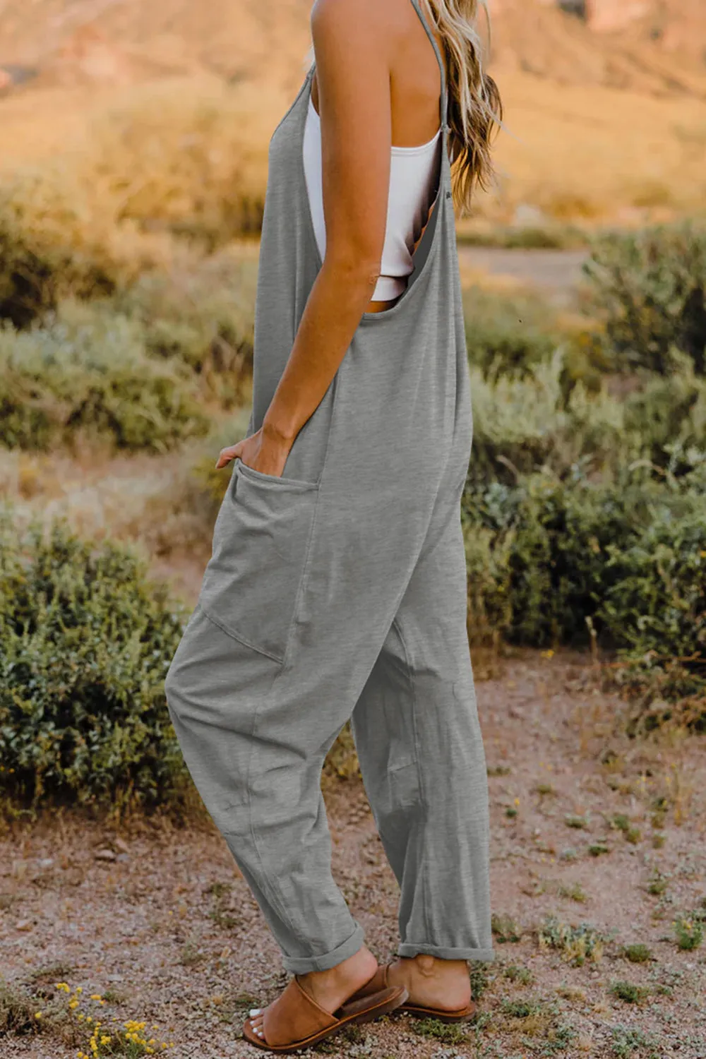 Oversized Hippie V-Neck Sleeveless Pant Pocket Jumpsuit