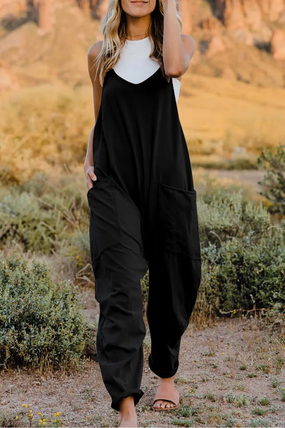 Oversized Hippie V-Neck Sleeveless Pant Pocket Jumpsuit