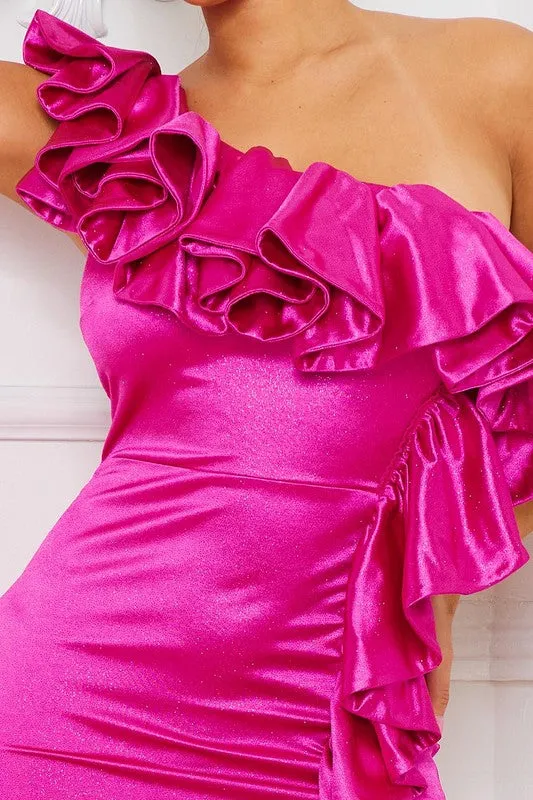 Pink Satin Ruffle Trail One Shoulder Mini Dress