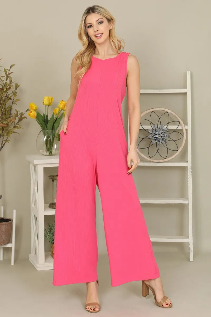 Pink Wide Leg Micro Ribbed Knit Jumpsuit