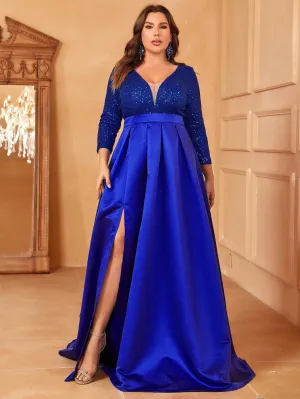 Plus Deep V Neck 3/4 Sleeve Slit A Line Prom Dress