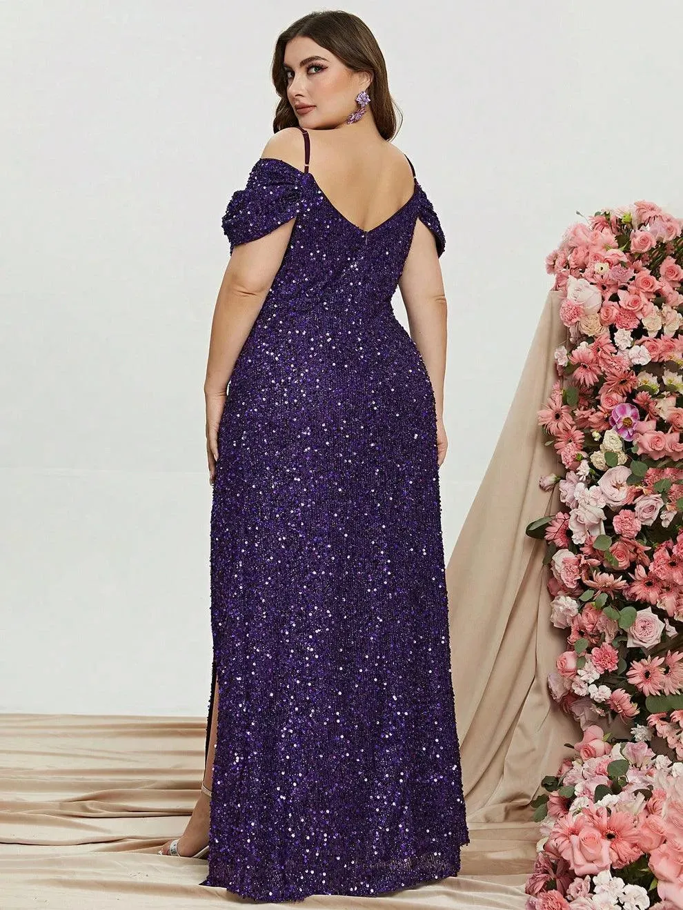 Plus Off Shoulder Short Sleeve Sequin Slit Party Dress