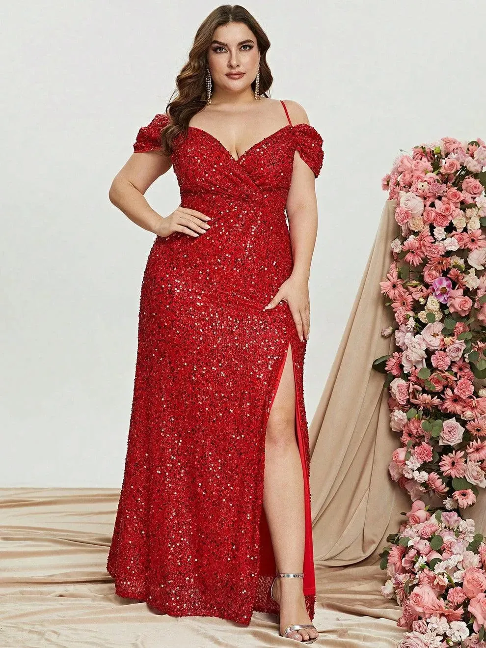 Plus Off Shoulder Short Sleeve Sequin Slit Party Dress