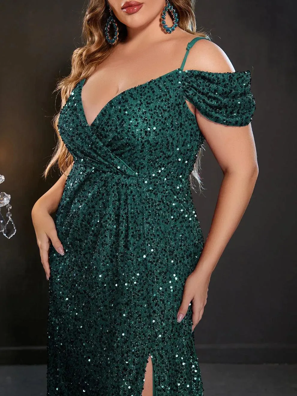 Plus Off Shoulder Short Sleeve Sequin Slit Party Dress