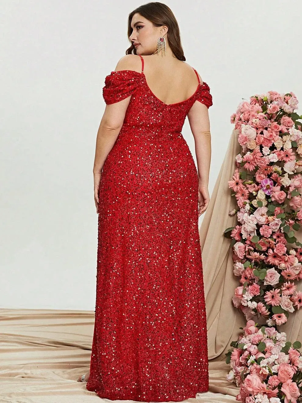 Plus Off Shoulder Short Sleeve Sequin Slit Party Dress