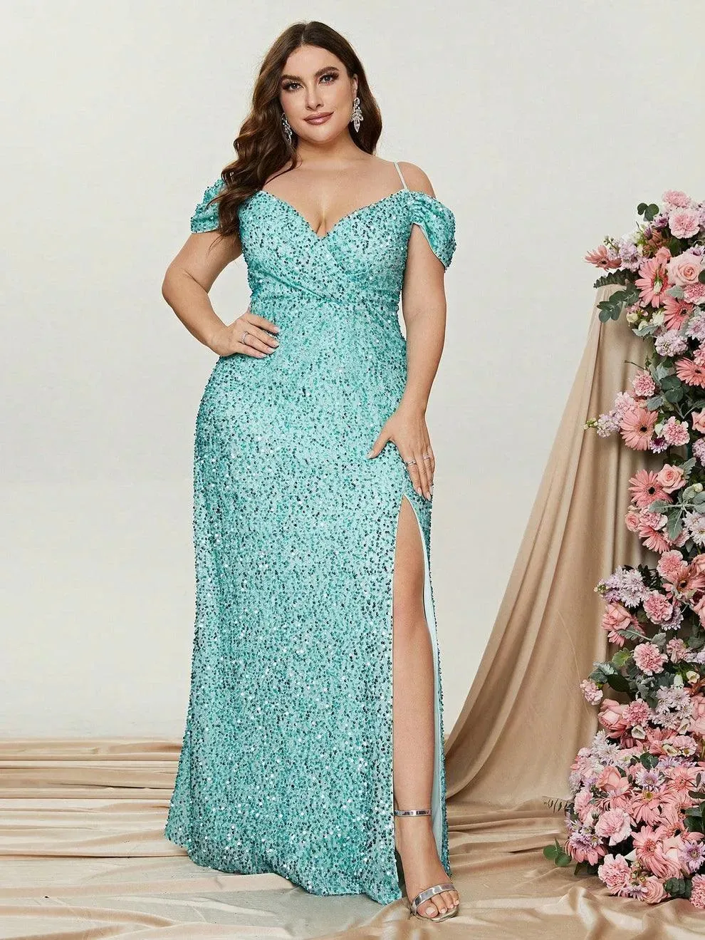Plus Off Shoulder Short Sleeve Sequin Slit Party Dress