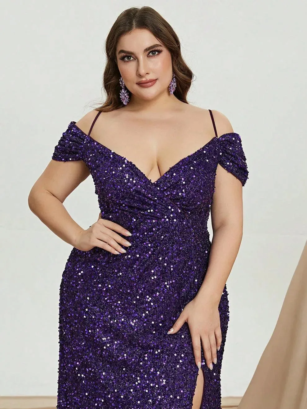 Plus Off Shoulder Short Sleeve Sequin Slit Party Dress