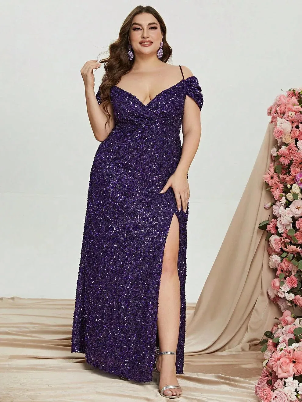 Plus Off Shoulder Short Sleeve Sequin Slit Party Dress