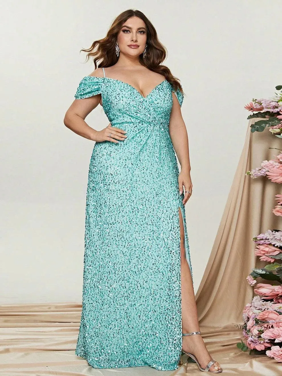 Plus Off Shoulder Short Sleeve Sequin Slit Party Dress