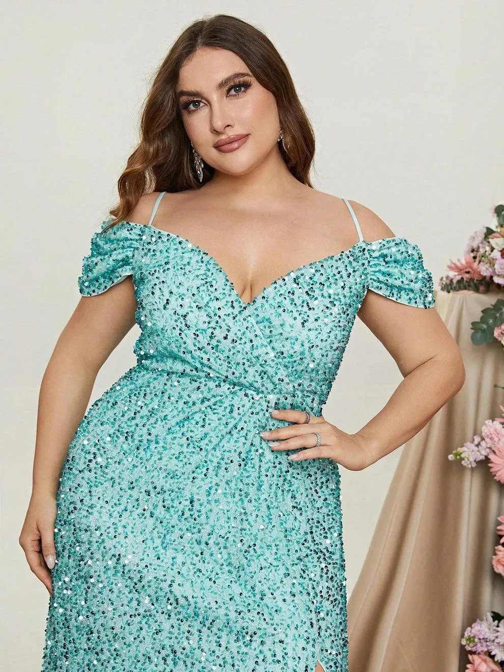 Plus Off Shoulder Short Sleeve Sequin Slit Party Dress