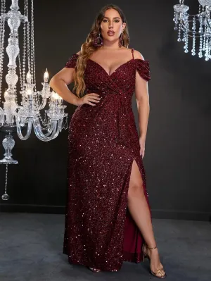 Plus Off Shoulder Short Sleeve Sequin Slit Party Dress