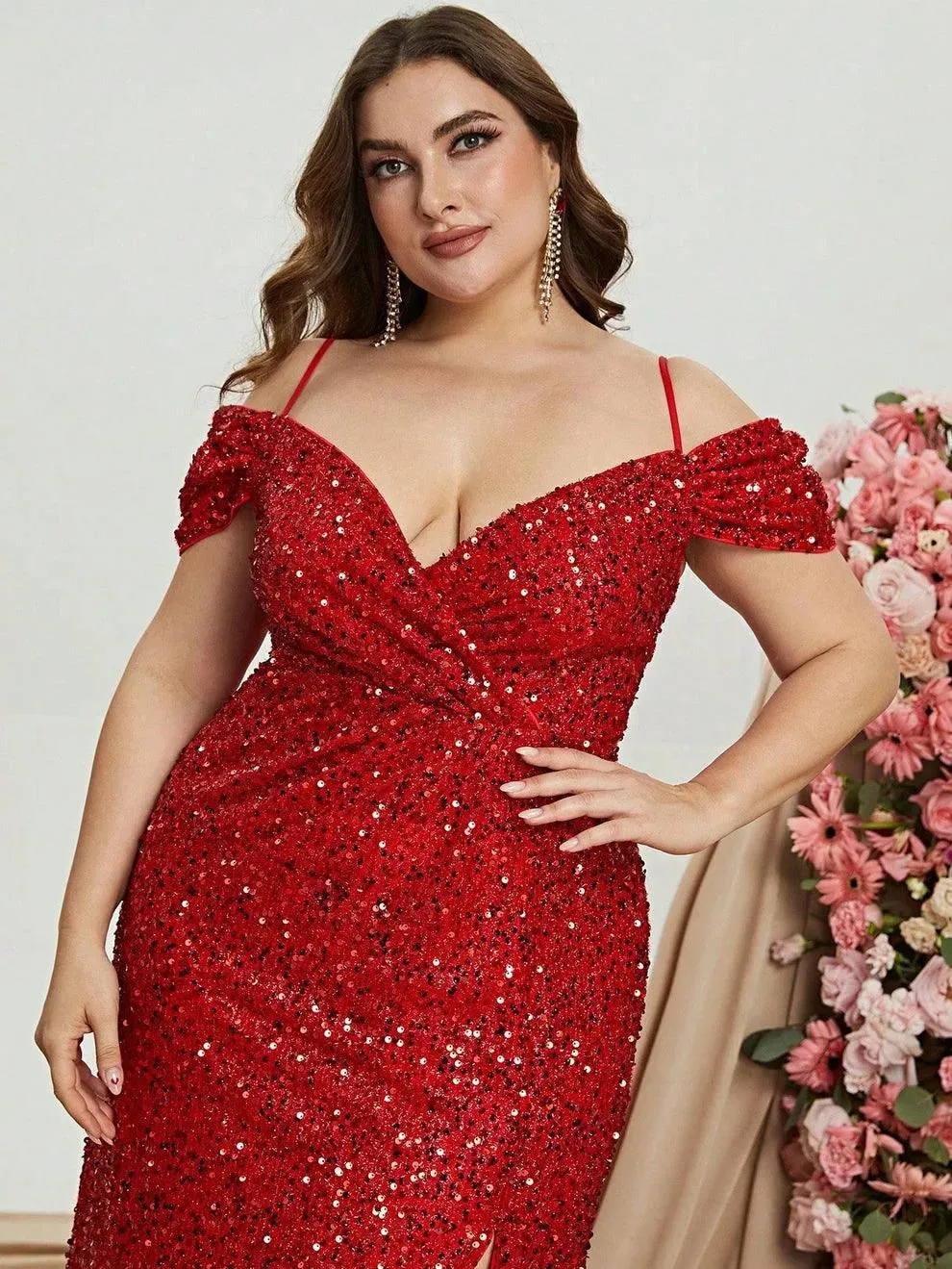 Plus Off Shoulder Short Sleeve Sequin Slit Party Dress