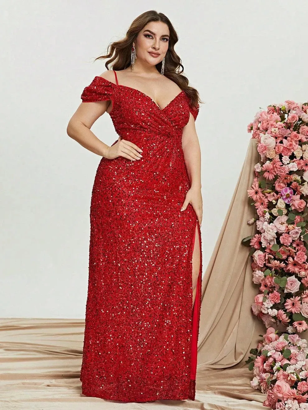 Plus Off Shoulder Short Sleeve Sequin Slit Party Dress