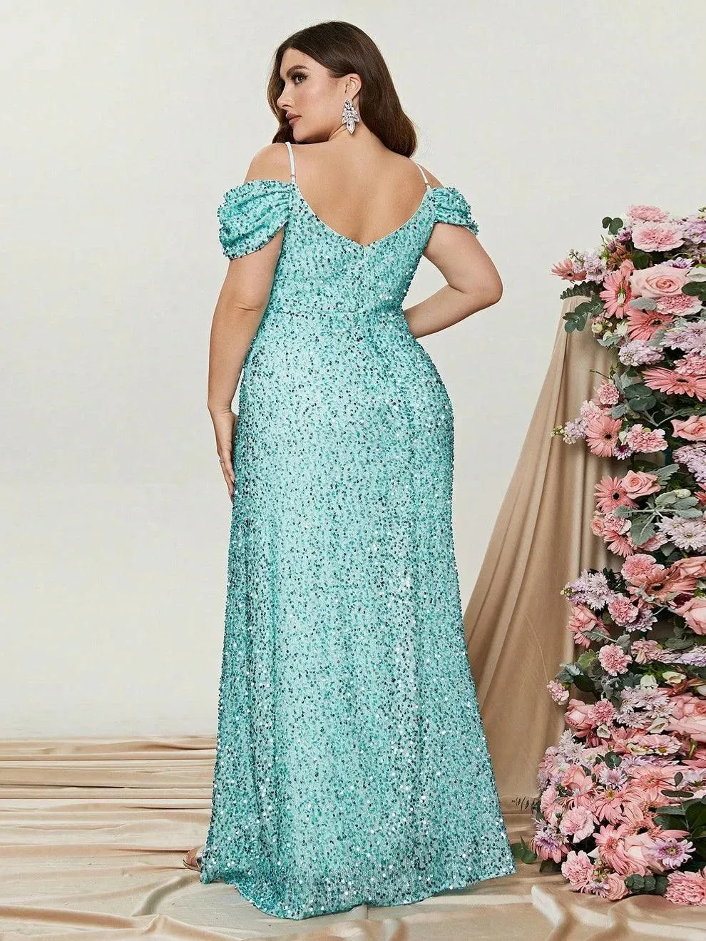 Plus Off Shoulder Short Sleeve Sequin Slit Party Dress