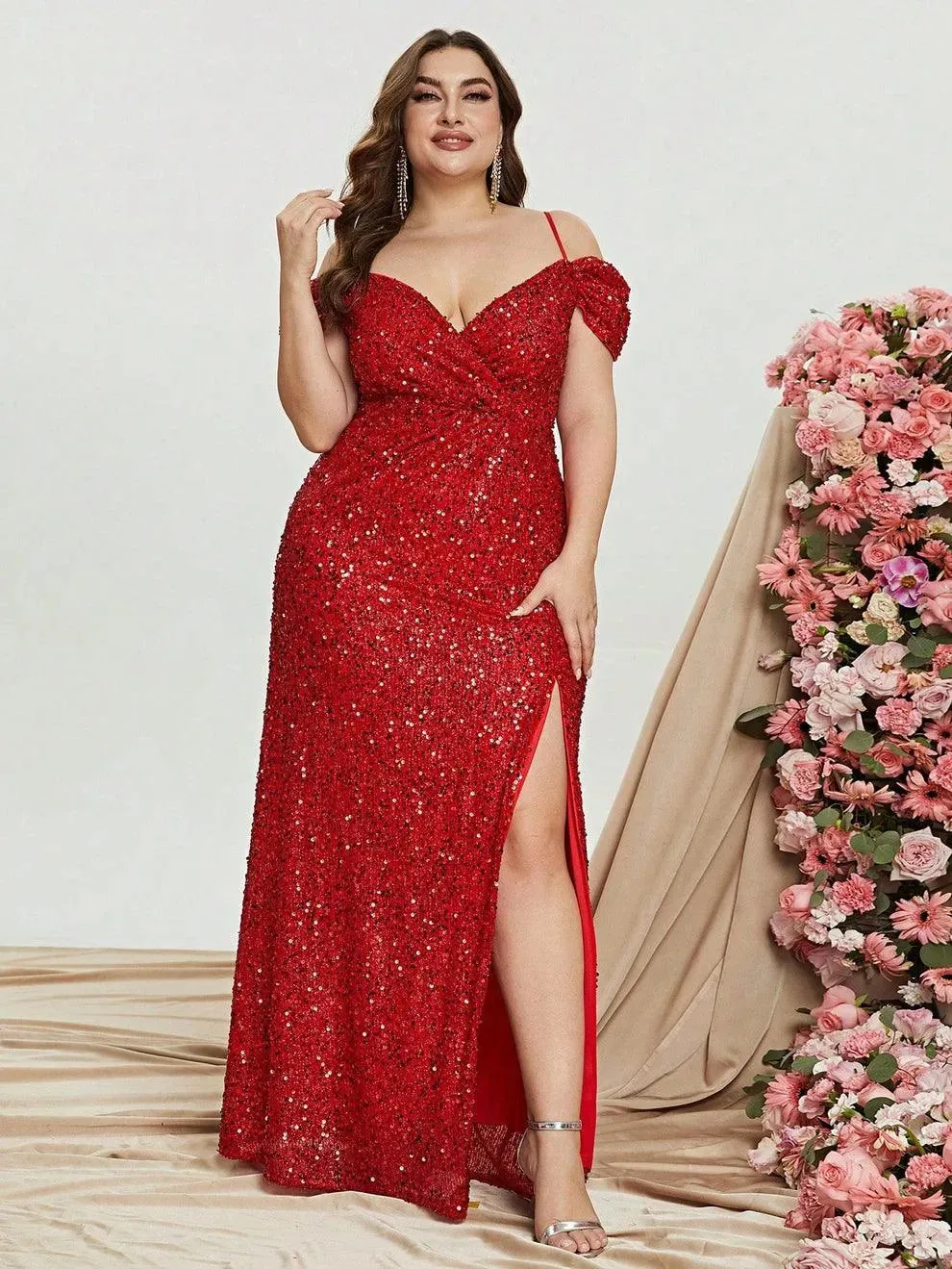 Plus Off Shoulder Short Sleeve Sequin Slit Party Dress