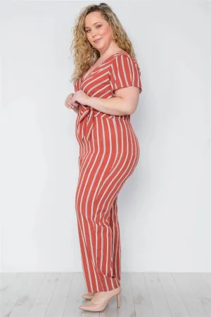 Plus Size Rust Stripe Surplice Neckline Short Sleeve Jumpsuit /1-2-1