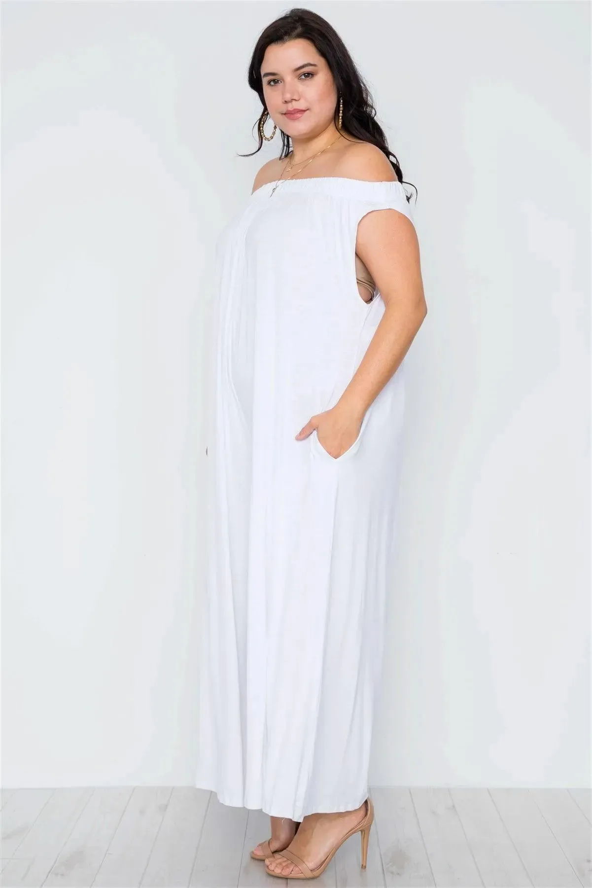 Plus Size White Off-The-Shoulder Loose Fit Jumpsuit / 1-3-3