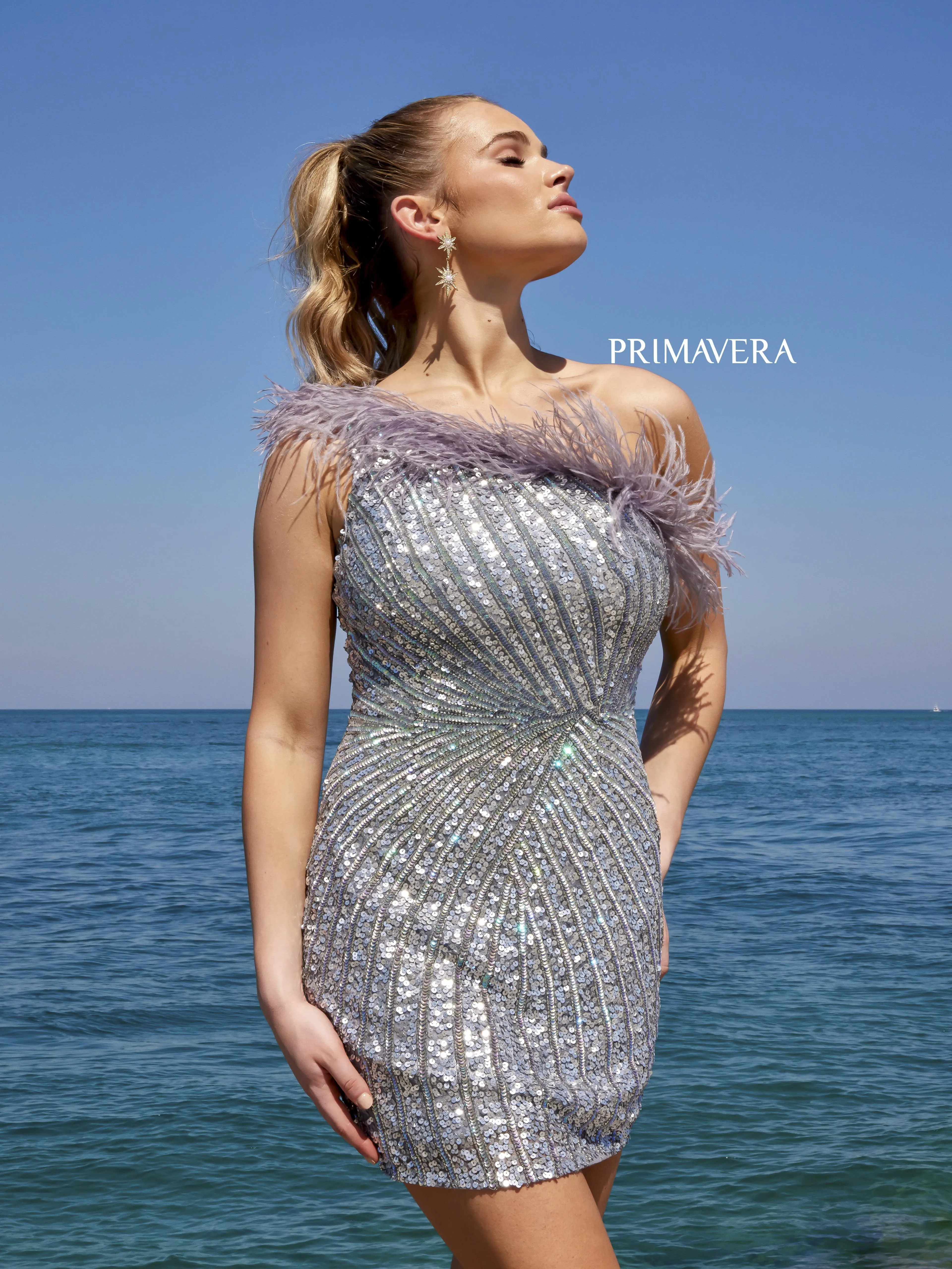 Primavera Couture 4002 Feather Trimmed Cocktail Dress One Shoulder Sequins