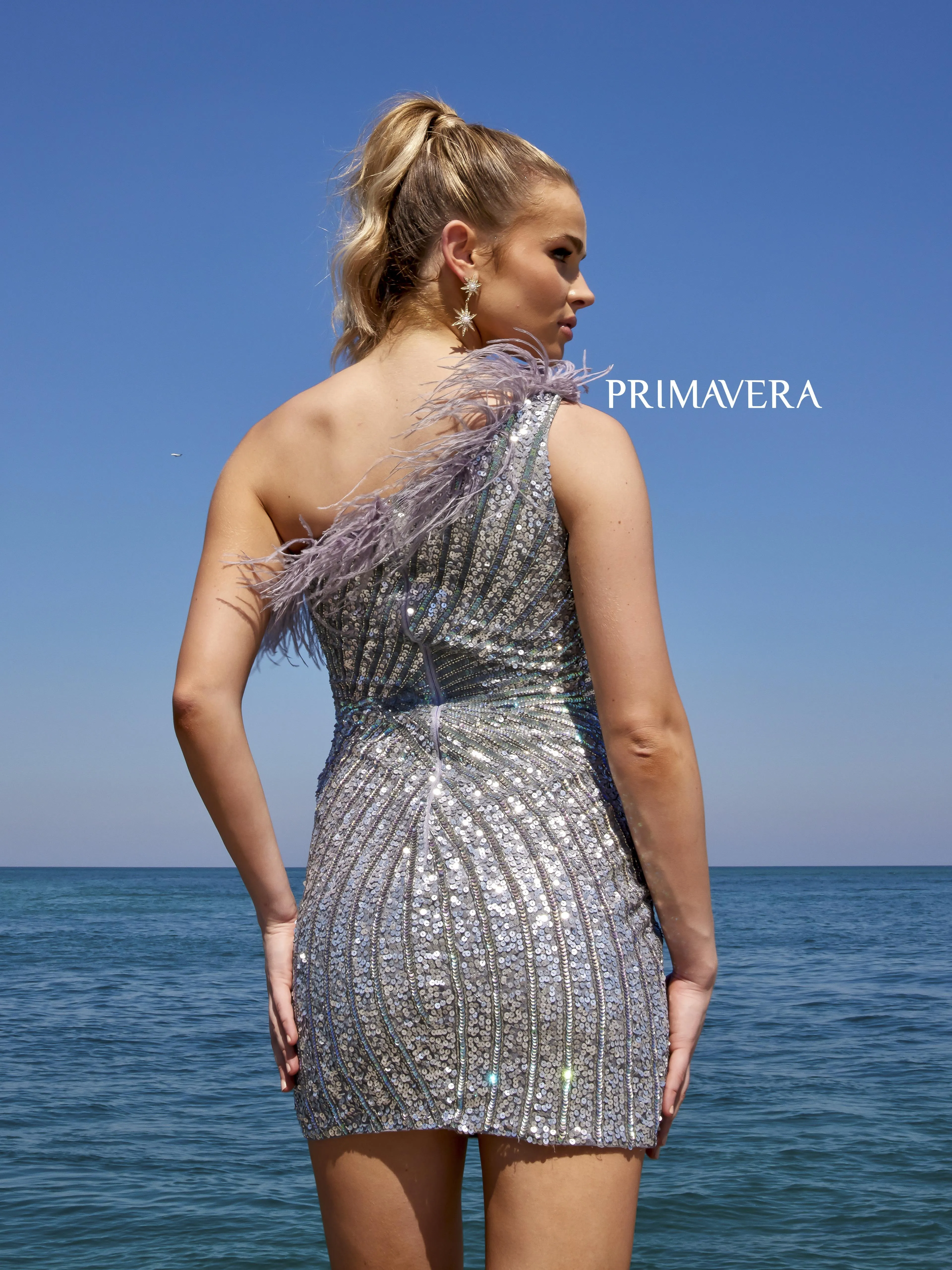 Primavera Couture 4002 Feather Trimmed Cocktail Dress One Shoulder Sequins