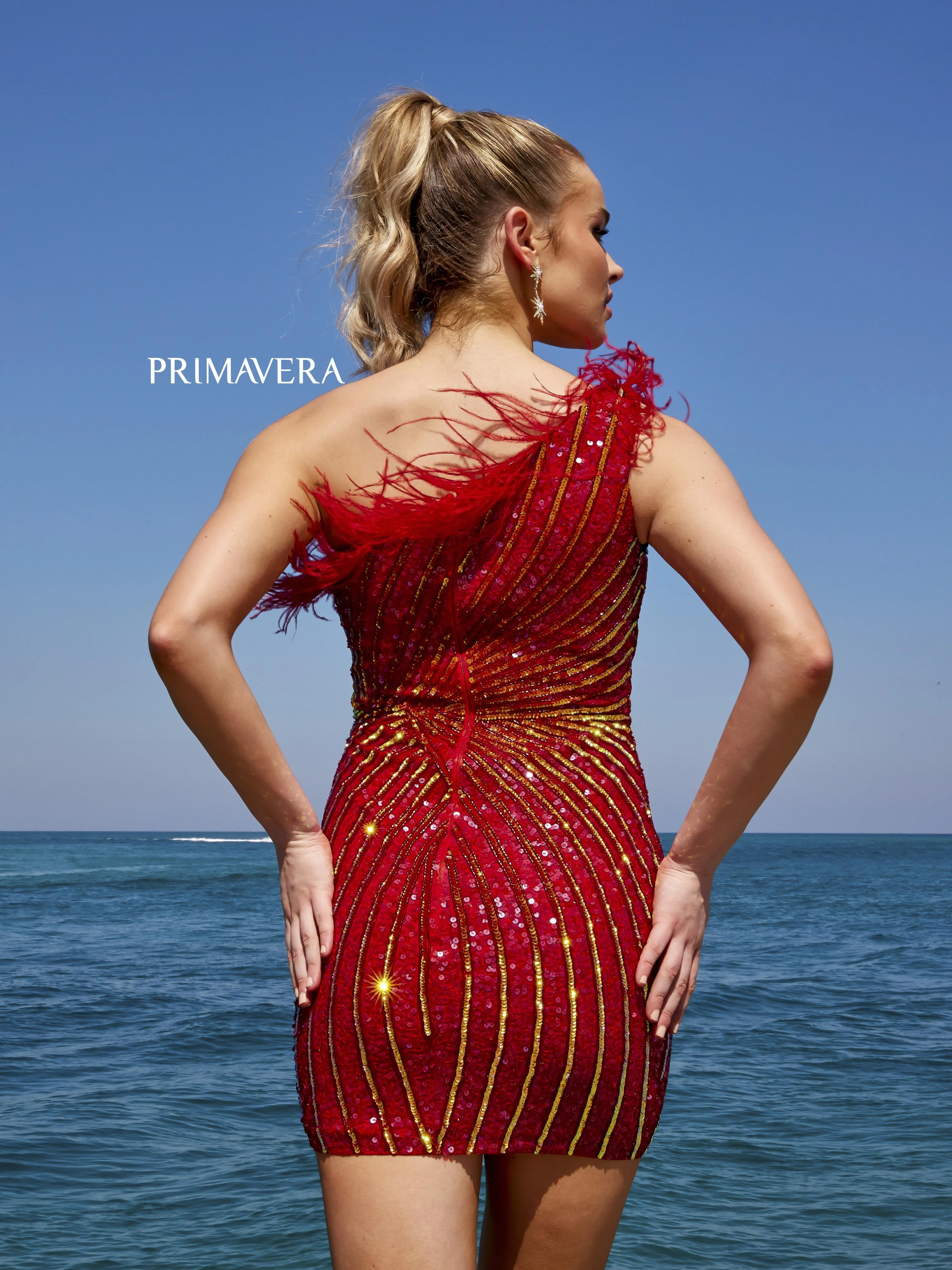 Primavera Couture 4002 Feather Trimmed Cocktail Dress One Shoulder Sequins