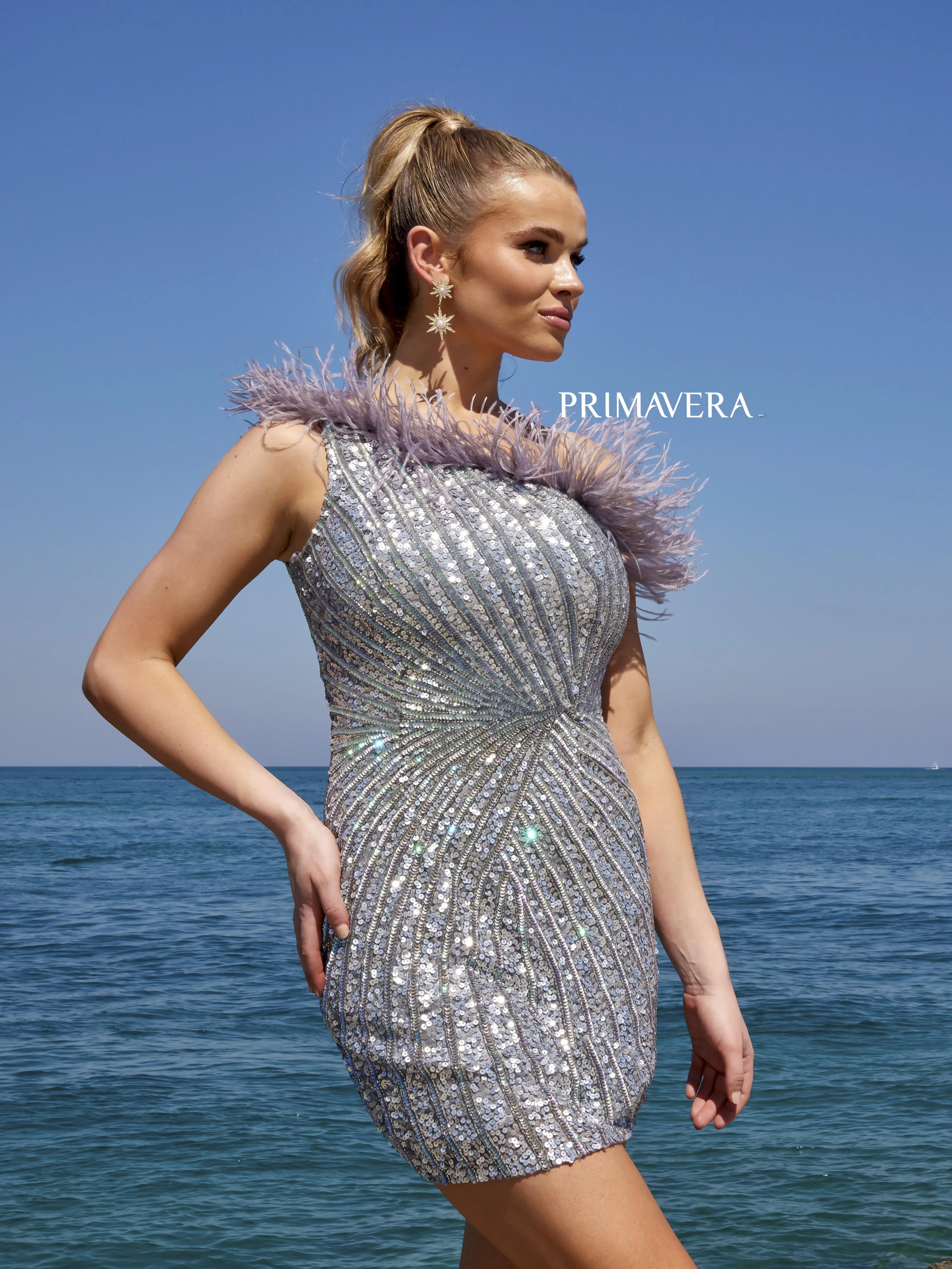 Primavera Couture 4002 Feather Trimmed Cocktail Dress One Shoulder Sequins