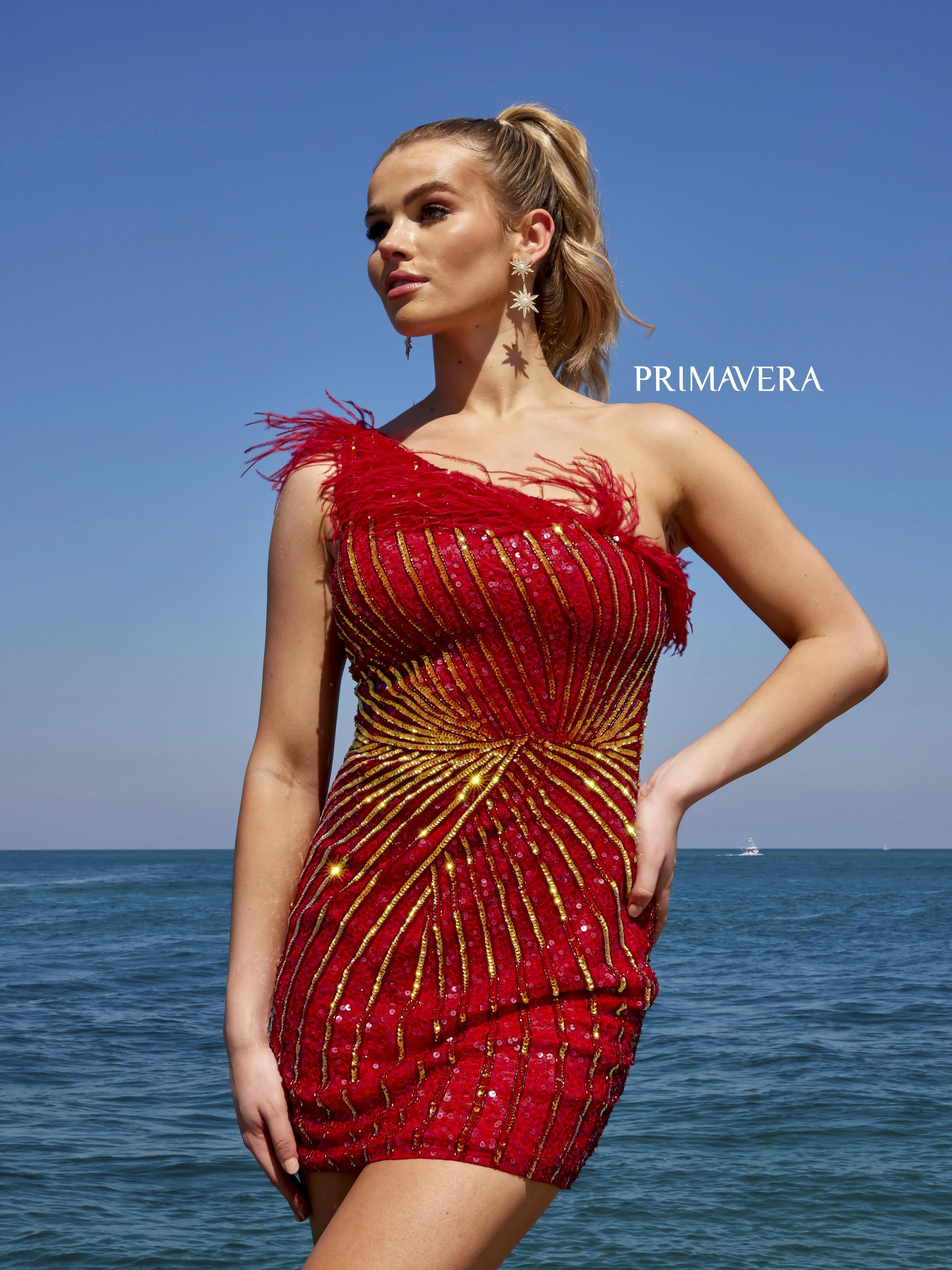 Primavera Couture 4002 Feather Trimmed Cocktail Dress One Shoulder Sequins
